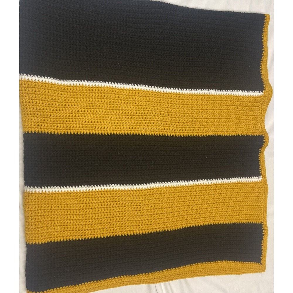 Vintage Handmade Afghan‎ Blanket Throw Crochet Knit Striped BLACK & GOLD 66"x55"